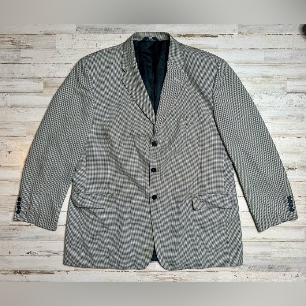 Haggar Imperial Houndstooth Blazer Jacket Worsten Wool Blend 48L Gray - Picture 1 of 11